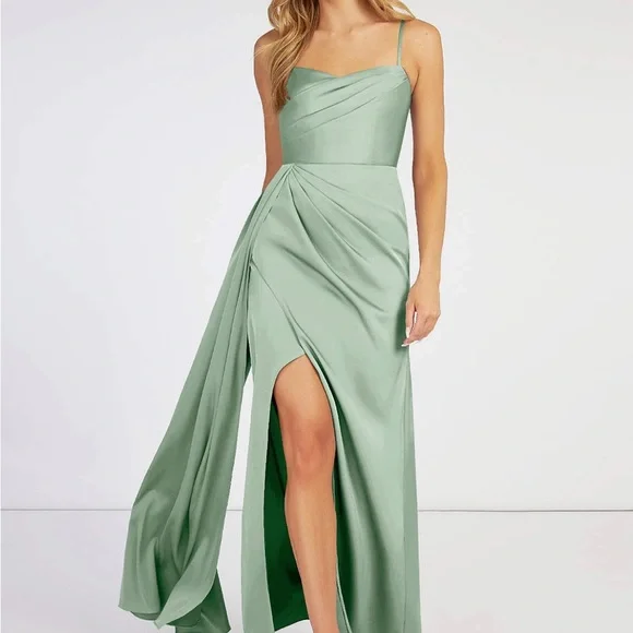 Azazie | Dresses | Azazie Agave Satin Long Dress With Slit | Poshmark